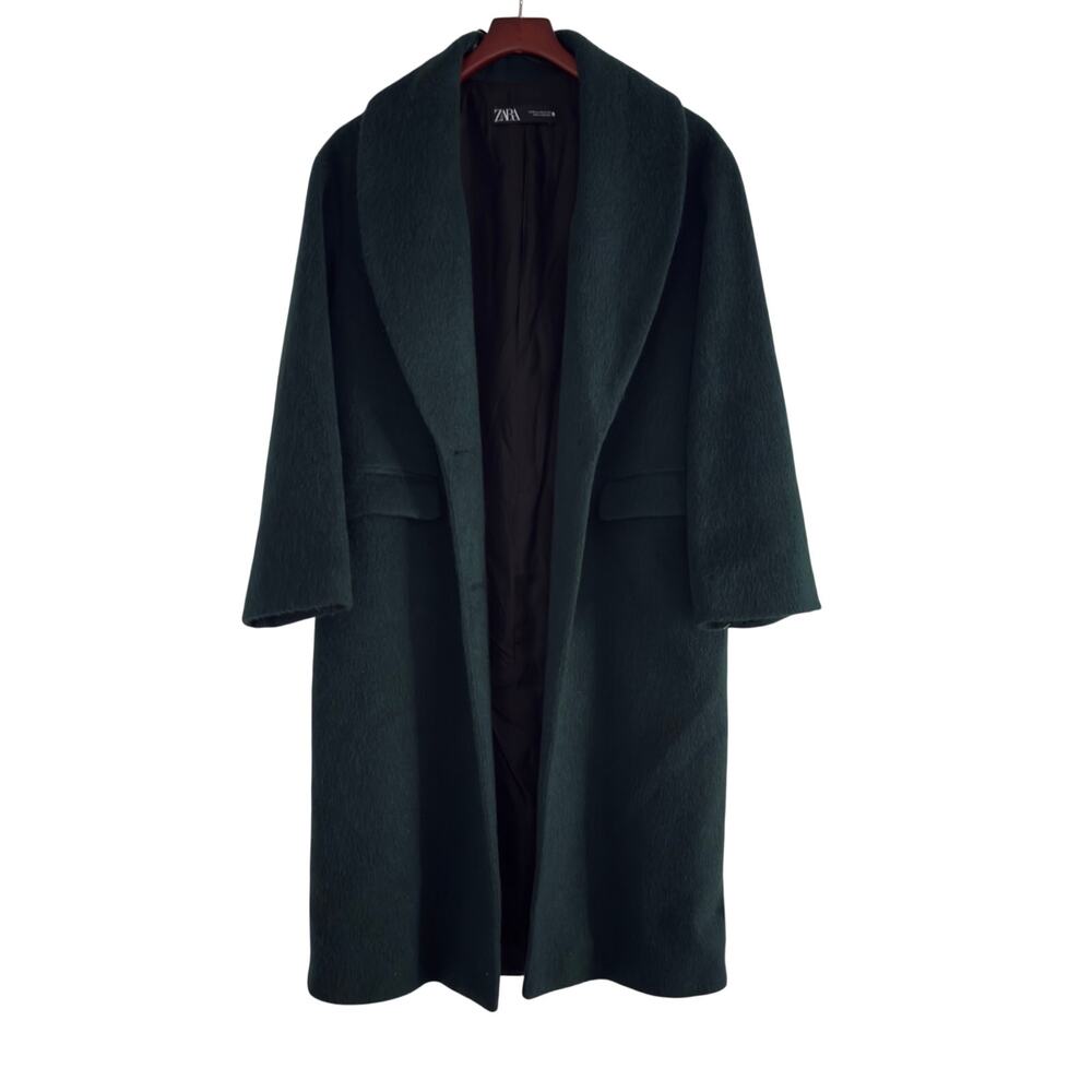 ZARA Manteco Wool Blend Coat Oversized Dark Green Minimalist Cozy Jacket XS